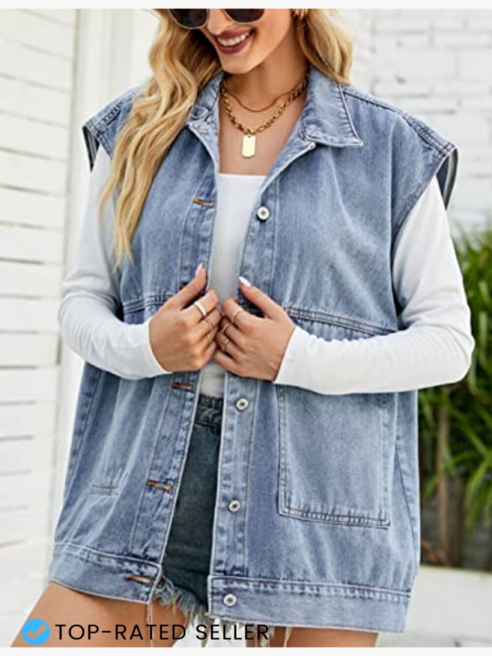 Oversized Sleeveless Button Down Denim Vest Jacket Y2K Western Shacket - Picture 4 of 7